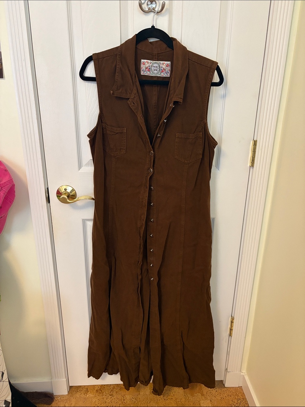 Vintage Sleeveless Brown Button-Front Maxi Dress